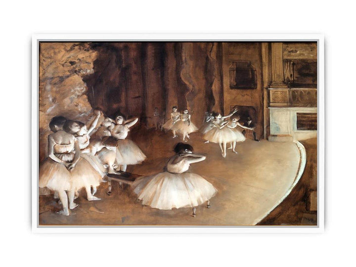The Dance Class - The Rehearsal of the Ballet on Stage  by Edgar Degas Framed Print