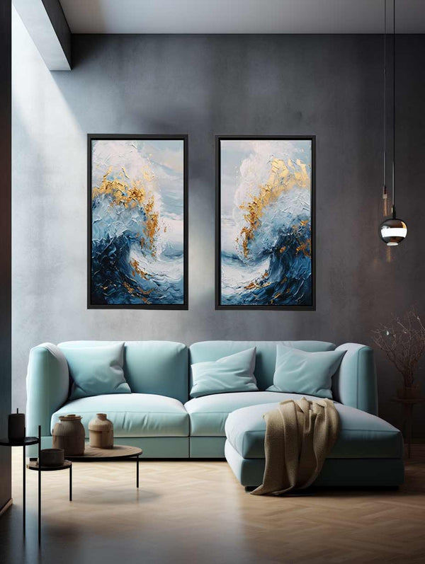  Gold Blue Abstract Waves Painting Set