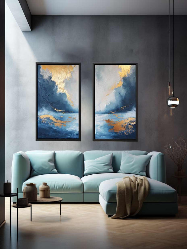 Gold Blue Abstract Waves Art Set