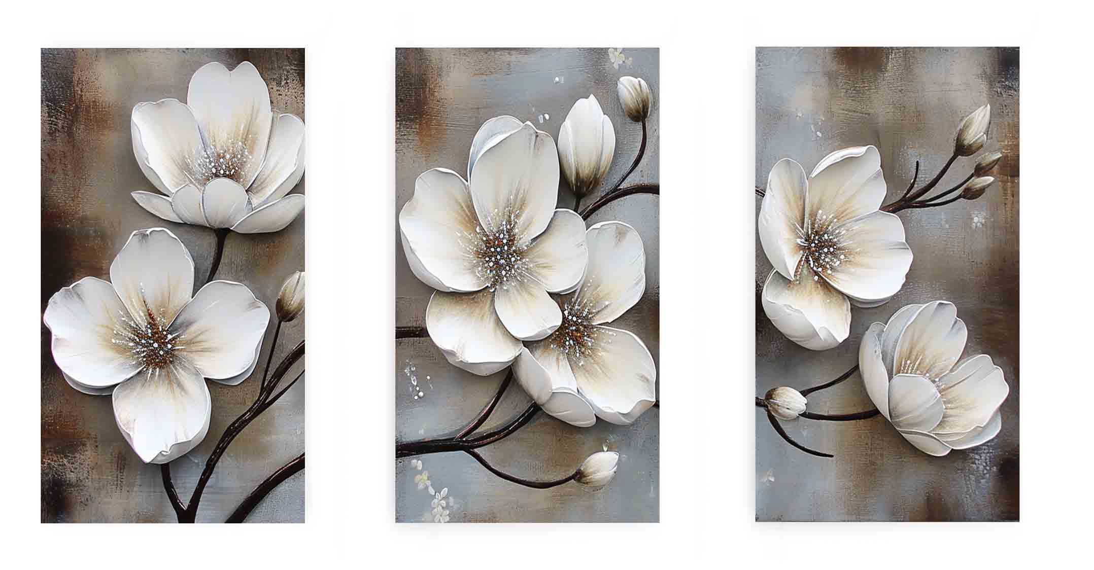 3 Panel White  Flower Painting