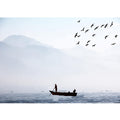 Bird Sea Boat Lake Black and White Painting 
