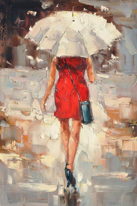 Knife Art White Umbrella With Red lady Painting