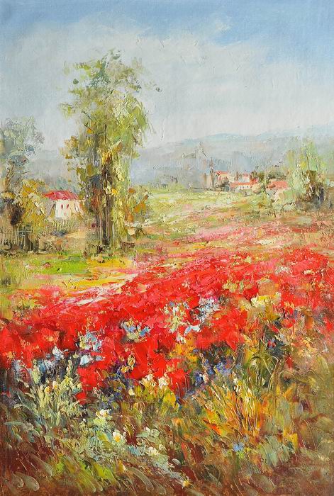 Landscape Red Flower Village Knife Art  Painting