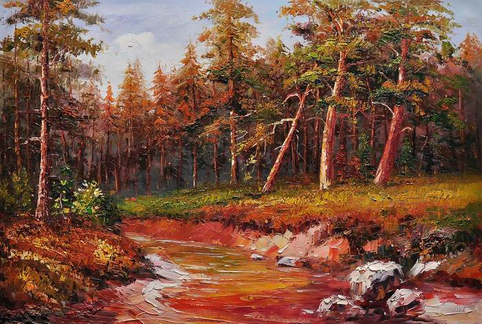 Tree Stone River Knife Art Landscape Painting