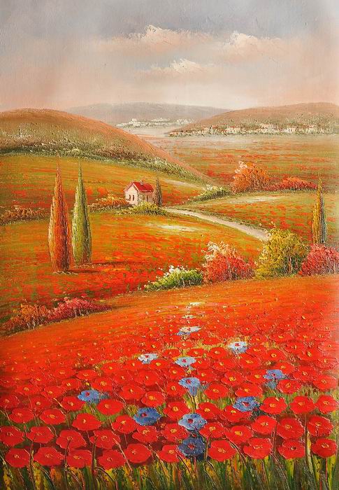 Village Red Flower Knife Landscape Art Painting