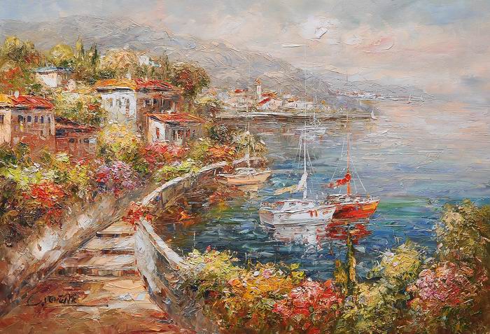 Mediterranean Boat Lake Knife Art Painting