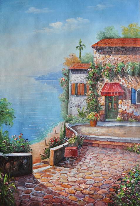 House Lake Knife Art Mediterranean Painting