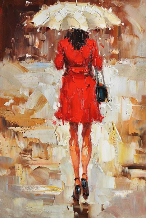 Red lady With Umbrella Knife Art Painting