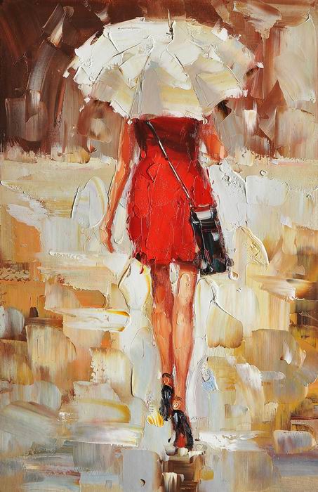 White Umbrella With Red lady Knife Art Painting